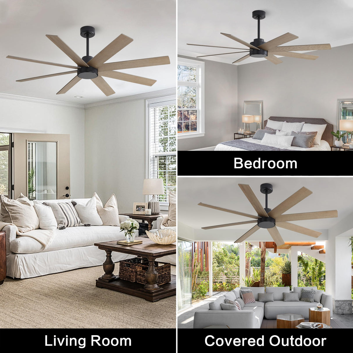 WINGBO 72" Large DC Ceiling Fans without Lights, 3 Downrods, 8 Plywood Blades, 6-Speeds Reversible DC Motor, Indoor Ceiling Fan No Lights for Bedroom Living Room Patio, Black and Gray WINGBO