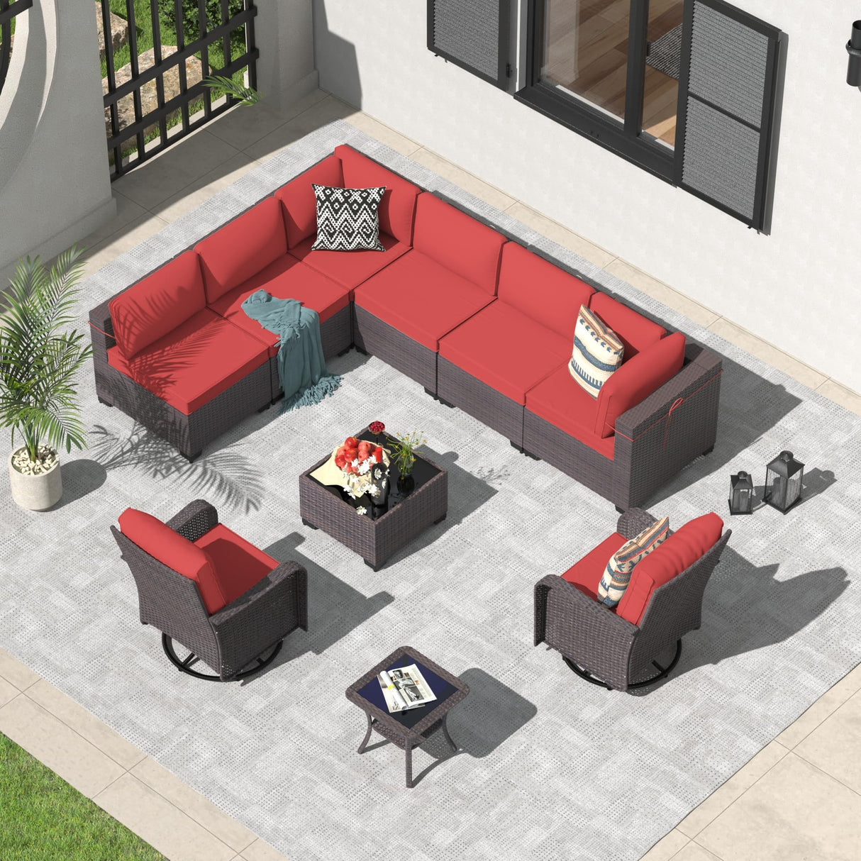 ALAULM 10 Pieces Patio Furniture Set with 2 Swivel Chairs Wicker Patio Conversation Set, Outdoor Sectional Furniture w/Coffee Table & Washable Seat Cushions-Red ALAULM