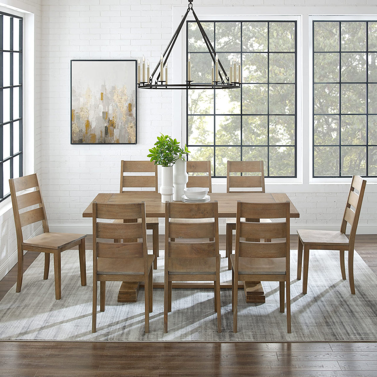 Crosley Furniture Joanna 9-Piece Modern Farmhouse Dining Table Set for 8 with Ladderback Chairs, Rustic Brown Crosley Furniture