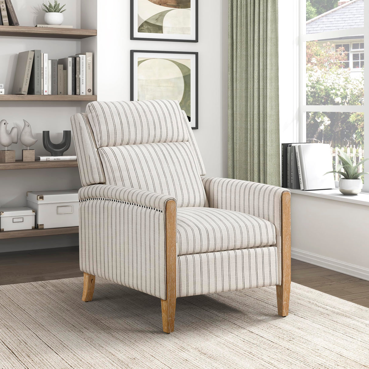 Lexicon Pushback Recliner Chair, Striped Textured Fabric Accent Armchair, Push Back Recliner, Nailhead Trim, Solid Wood Legs, Easy Assembly for Living Room/Office/Apartment, White/Grey Lexicon
