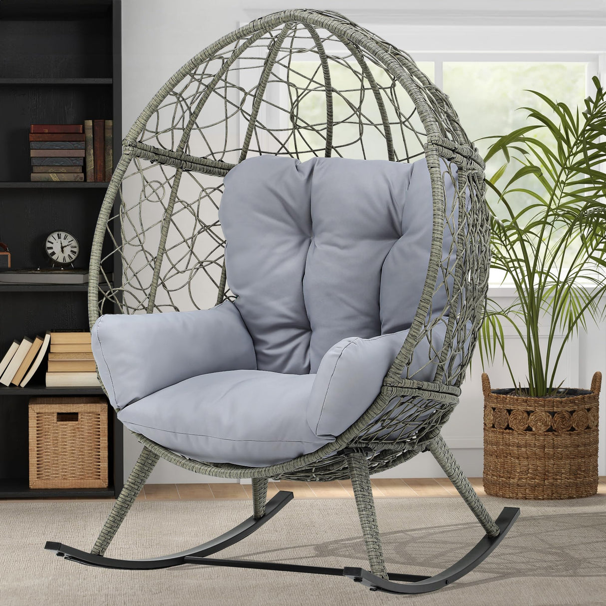 DWVO Wicker Rocking Egg Chair, Oversized Indoor Outdoor Rattan Rocking Chair, Indoor Outdoor Lounger for Patio, Backyard, Living Room, Light Gray DWVO