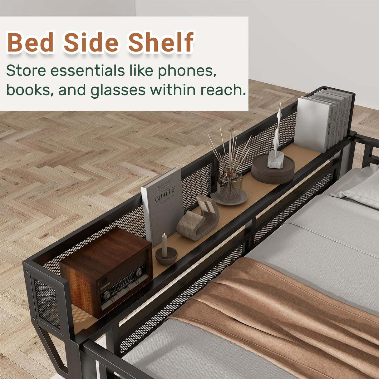 Aurnienofus Queen Size Loft Bed with Stairs and Storage, Metal Loft Bed Frame with Bedside Shelf and Large Under-Bed Space, Heavy-Duty Beds for Adults Teens and Kids, Black Aurnienofus