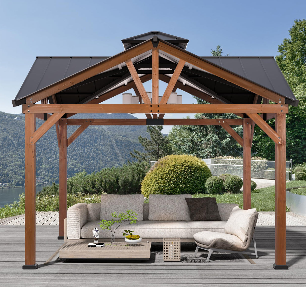 Modern Shade Wood Gazebo 12’x12’, Heavy Duty Hardtop Gazebo with Steel Roof, Water Resistant, Wind Resistant, Perfect for Your Permanent Outdoor Pavilion, Solid Wood Framed Gazebo, Cedar Gazebo Modern Shade Outdoor Living Spaces