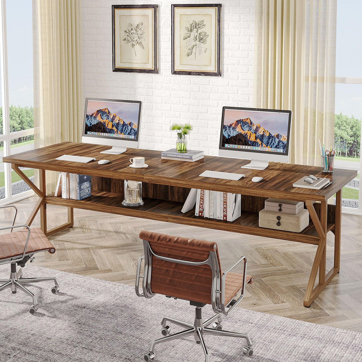 Tribesigns 79-Inch Extra Long Desk, 2 Person Desk with Storage Shelf, Large Computer Desk Double Desk Writing Table Desk for Home Office, Brown Tribesigns