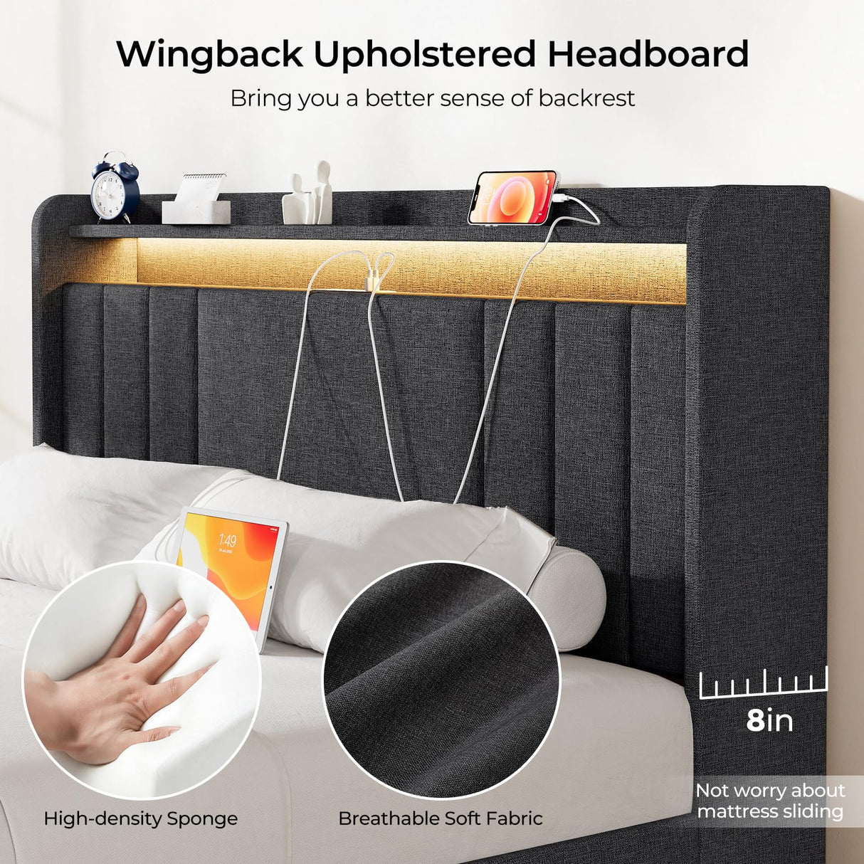 koorlian Queen Size Upholstered Bed Frame with 4 Storage Drawers and 51'' Tall Headboard Wingback Platform Bed Frames with RGB LED & USB Charging, 3 Adjustable Height, Noise-Free/Metal Support, Grey koorlian