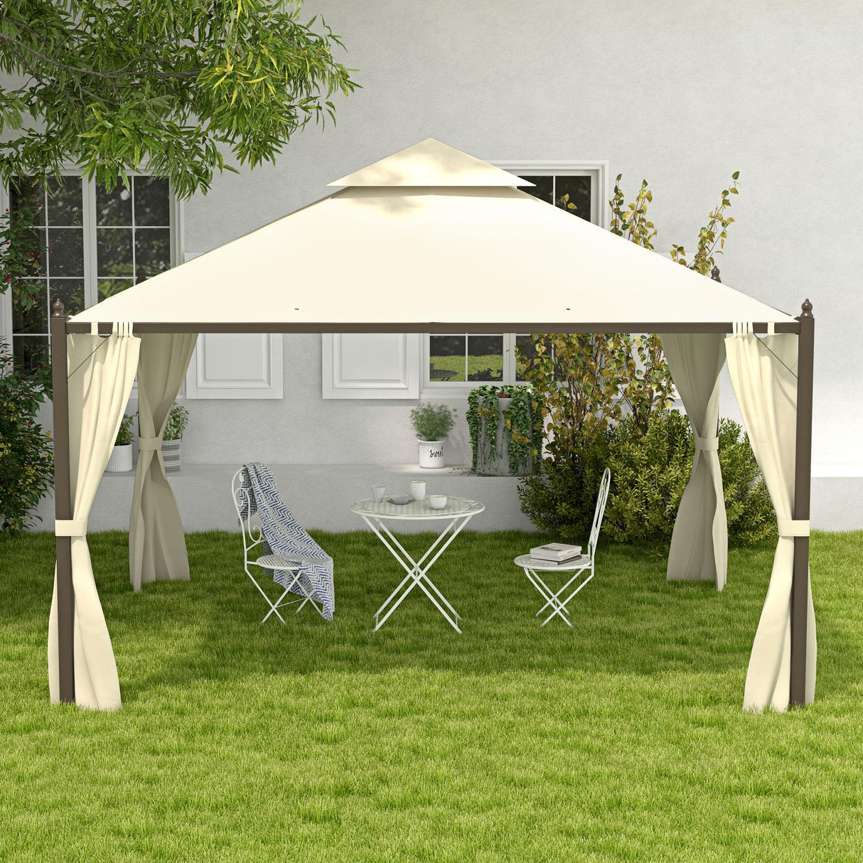 Outsunny 10' x 12' Steel Outdoor Patio Gazebo with Polyester Privacy Curtains, Two-Tier Roof for Air, Large Design Outsunny