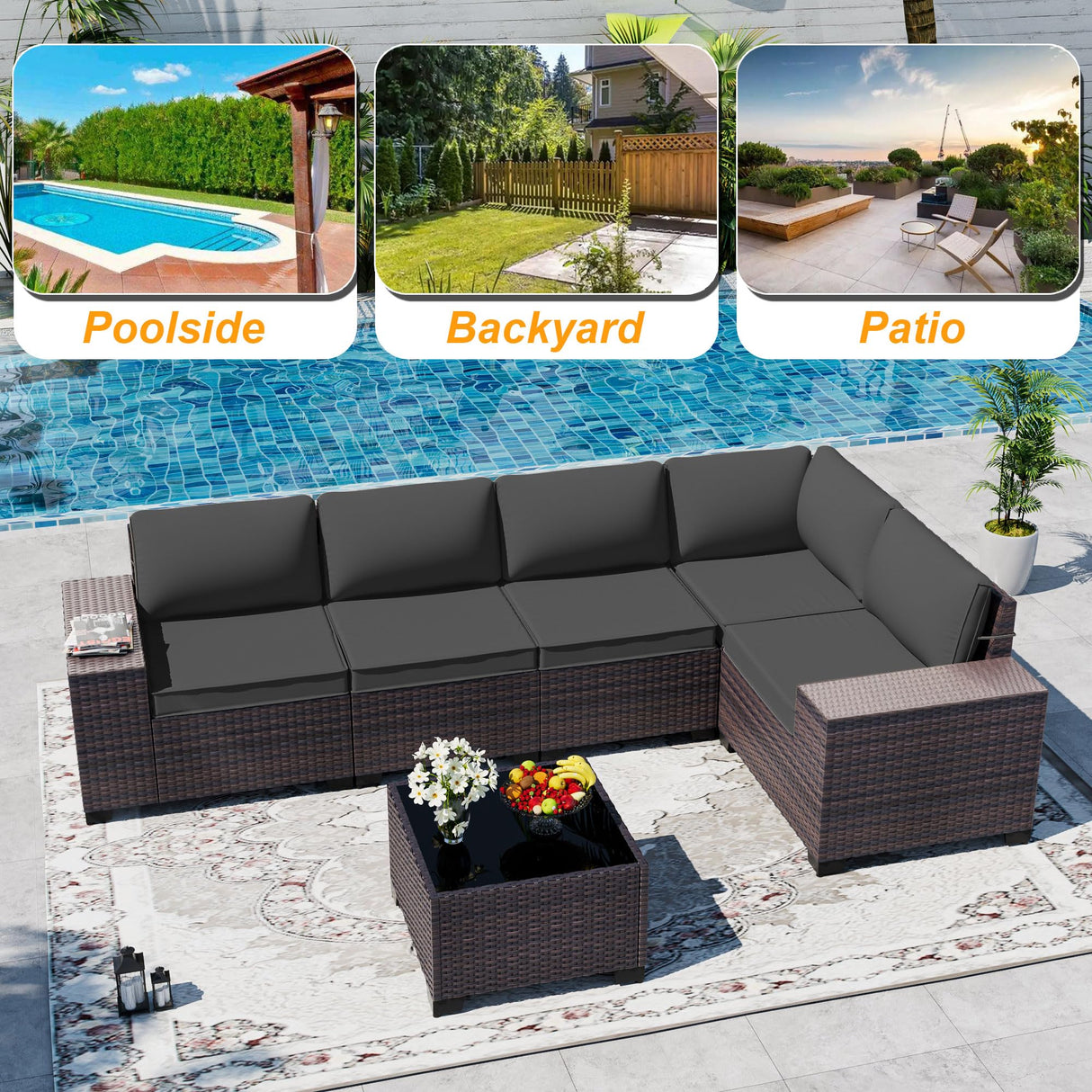 ASJMR Outdoor Patio Furniture Set, 6 Pieces Outdoor Sectional Furniture High Backrest Patio Sofa, All-Weather PE Rattan Patio Conversation Set with Coffee Table & Cushions-Black ASJMR