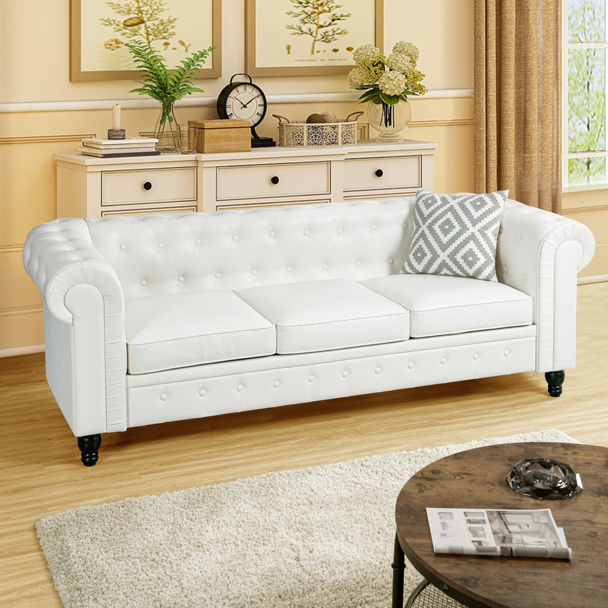 Naomi Home Chesterfield Sofa Set Loveseat & Sofa Living Room Chair Juegos Modern Leather Couch Sofa Chair for Bedroom Tufted Leather Sofa Chair for Living Room Love Seats Furniture Set - Off White Naomi Home