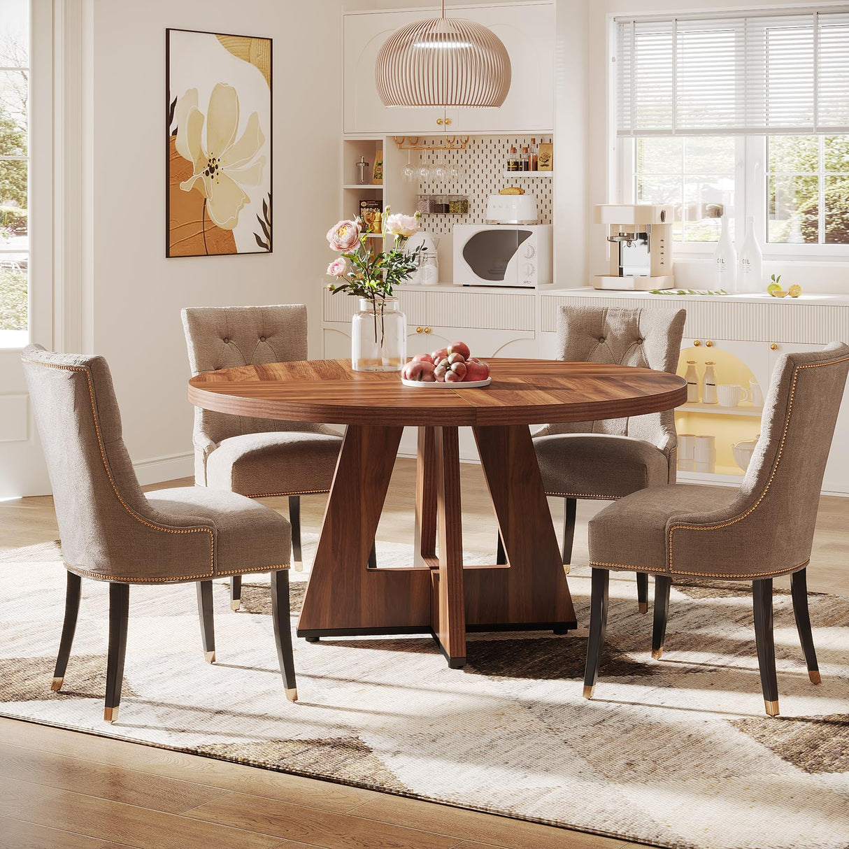 Tribesigns Round Dining Table Wood Kitchen Table for Dining Room Living Room, 47 inch Dining Room Tables for 4 People, Farmhouse Dinner Table with Wooden Table Top and Legs, Rustic Brown(Only Table) Tribesigns