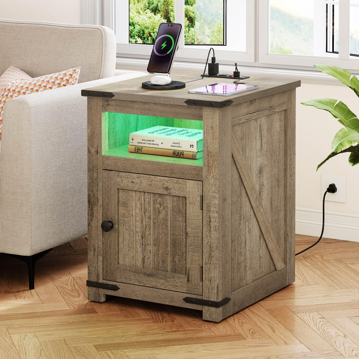 YITAHOME Farmhouse End Table with Charging Station, Nightstand Side Table Coffee Table with LED Lights Adjustable Shelf, End Table with Storage for Living Room, Bedroom, Old Oak YITAHOME