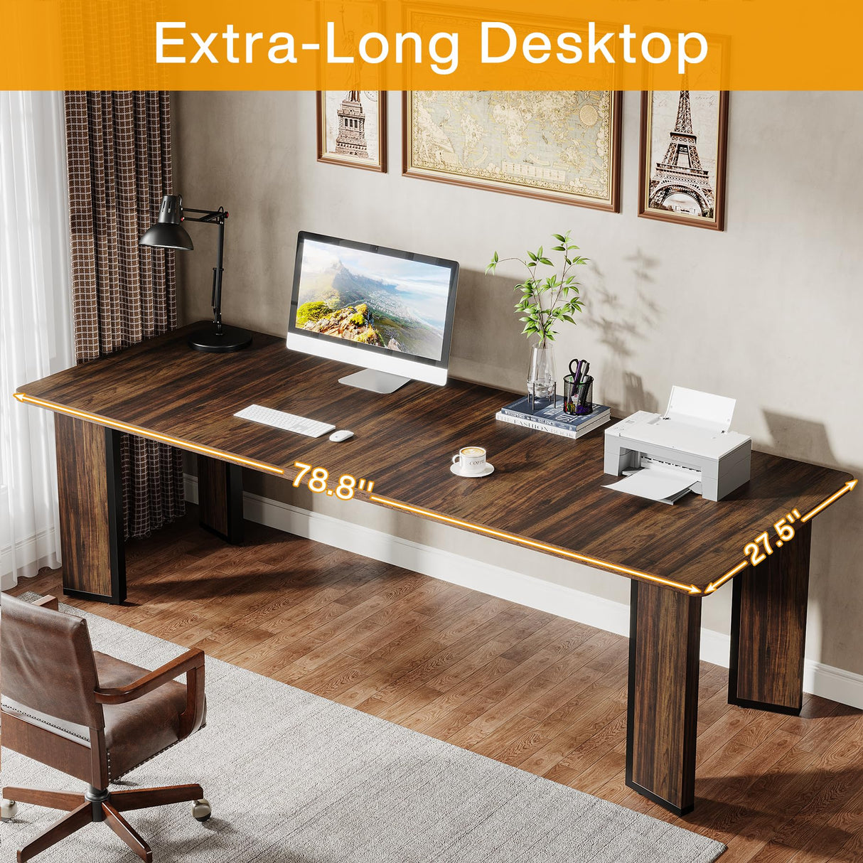 Tribesigns 78.7-Inch 2-Person Computer Desk, 6.5FT Extra Large Rectangular Writing Table with Sturdy Thicken Tabletop, Wood Simple Executive Study Desk Workstation for Home Office, Rustic Brown Tribesigns
