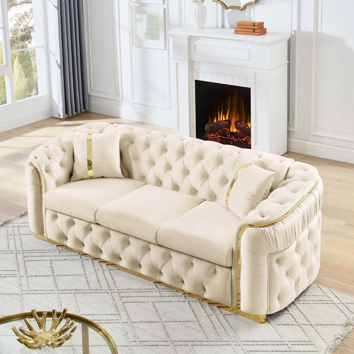 KEIKI 91" Luxury Oversized Velvet Chesterfield Sofa with Gold Stainless Steel Accents and 2 Pillows, Mid-Century Style 3-Seater Button Tufted Couch, Easy Assembly, for Apartment, Living Room, Beige KEIKI