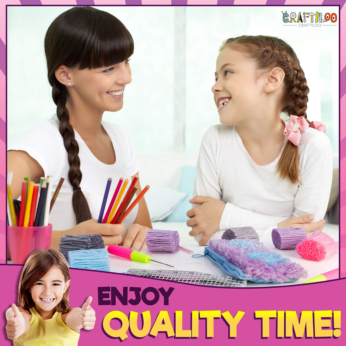 CRAFTILOO DIY 2 Rug Pencil Cases Latch Hook Kits for Kids Sewing Set for Girls Beginners Latchkits Ages 8-12 CRAFTILOO