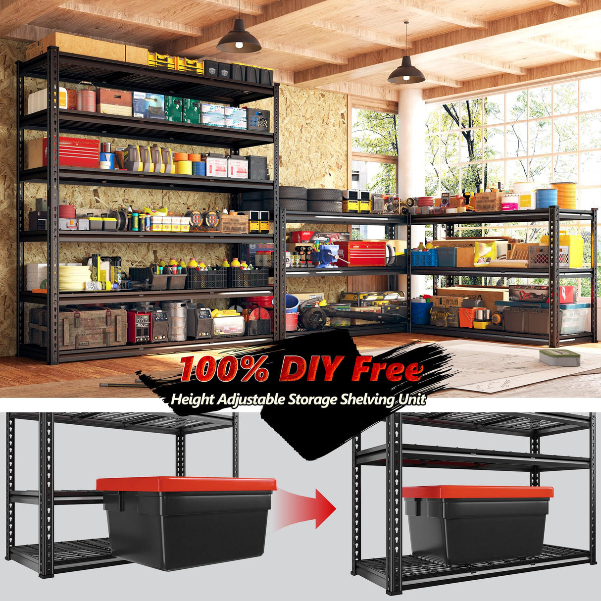 REIBII 48" W Storage Shelves, 6 Tire Garage Shelving Units Loads 3300LBS, Adjustable Garage Shelving Heavy Duty for Metal Shelves for Basement, Pantry, Warehouse, 48" W x 78" H x 18" D REIBII