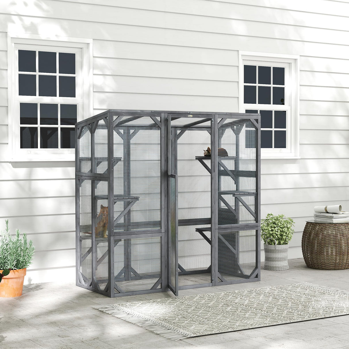 PawHut Catio Outdoor Cat Enclosure, Large Wooden Cat House with 6 Jumping Platforms, Weatherproof Roof, Outdoor Cat Cage Cat Shelter for 1-3 Cats, 59" x 28" x 60", Gray PawHut
