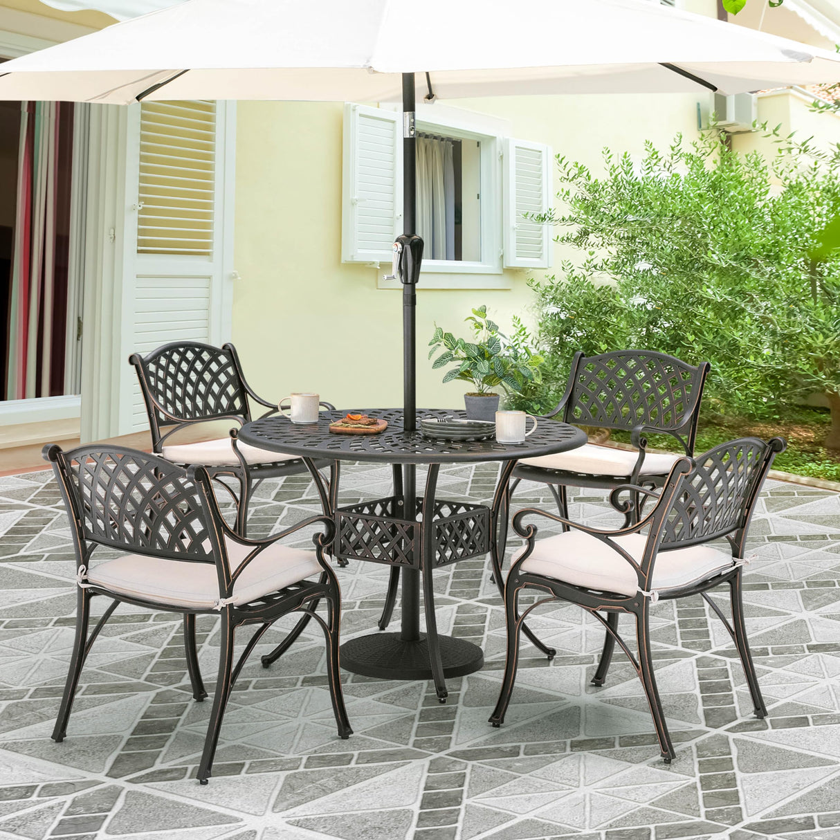 NUU GARDEN 5 Piece Outdoor Patio Dining Set with Beige Cushions, Cast Aluminum Round Dining Table with Umbrella Hole and Patio Dining Chairs for Garden, Balcony, Black with Bronze Edge NUU GARDEN