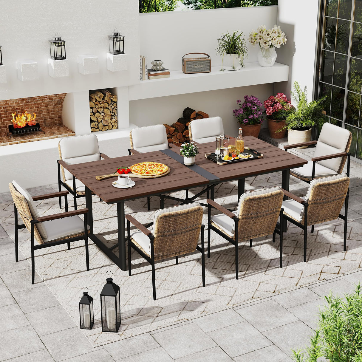 HAPPATIO 9 Piece Patio Dining Set Outdoor, 8 Wicker Chairs with Aluminum Frame and Olefin Cushions, Large Wooden Dining Table with Umbrella Hole,Patio Table and Chairs for Backyard Garden Porch HAPPATIO