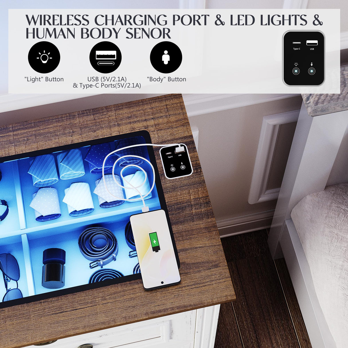 Lareth Farmhouse 6 Drawer Dresser for Bedroom 47 inch Wooden Double Chest of Drawers with Glass Top LED Lights Charging Station One Hidden Drawer Closet Dresser Tv Stand for Living Room, Antique White Lareth