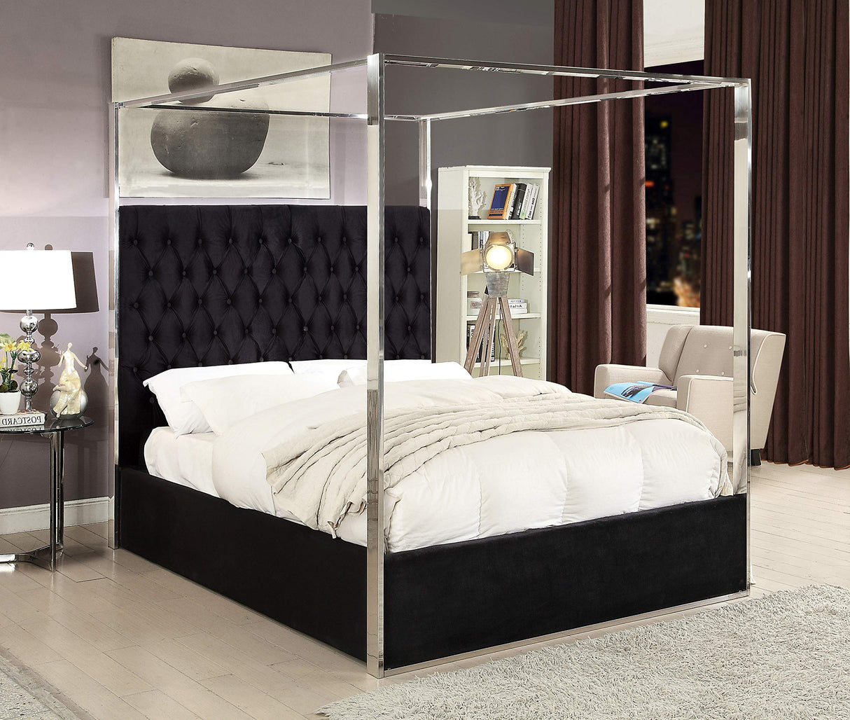 Meridian Furniture Porter Collection Modern | Contemporary Velvet Upholstered Bed with Deep Detailed Tufting and Chrome Canopy, Black, Queen Meridian Furniture