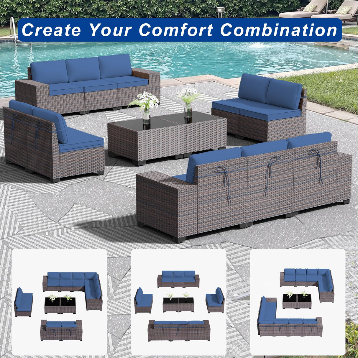 ASJMR Outdoor Patio Furniture Set, 12 Pieces Outdoor Sectional Furniture High Backrest Patio Set, All-Weather PE Rattan Patio Conversation Set w/Coffee Tables & Cushions-(Dark Blue) ASJMR