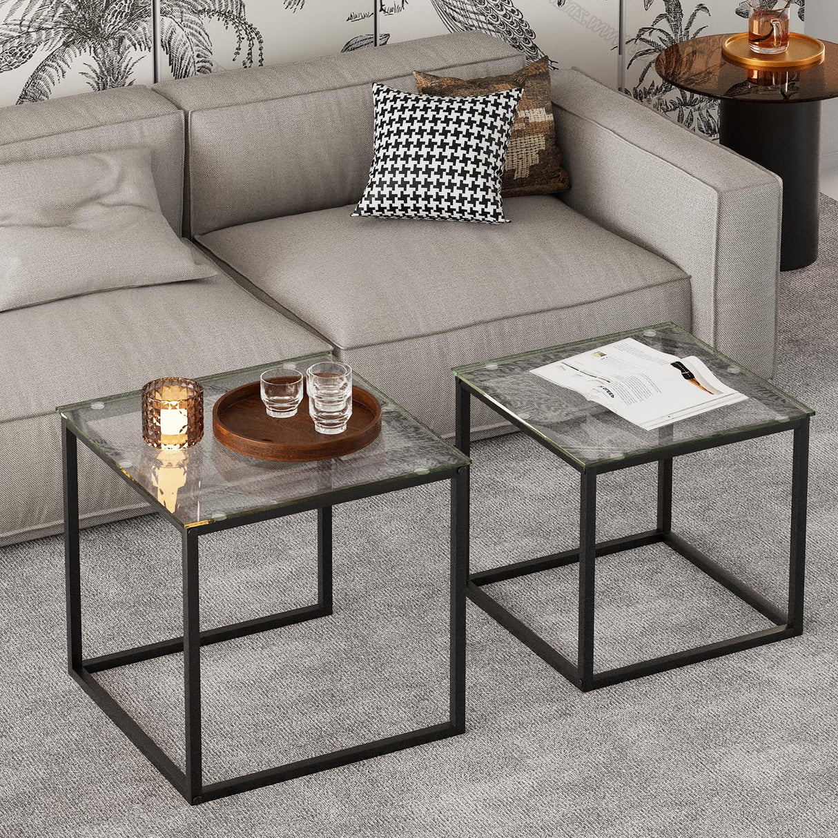 VILAWLENCE Coffee Table Set of 2, Modern Black Glass Side Table, Metal Frame Square End Table, Center Tables,Nesting Coffee Table for Living Room,Bedroom and Small Spaces VILAWLENCE