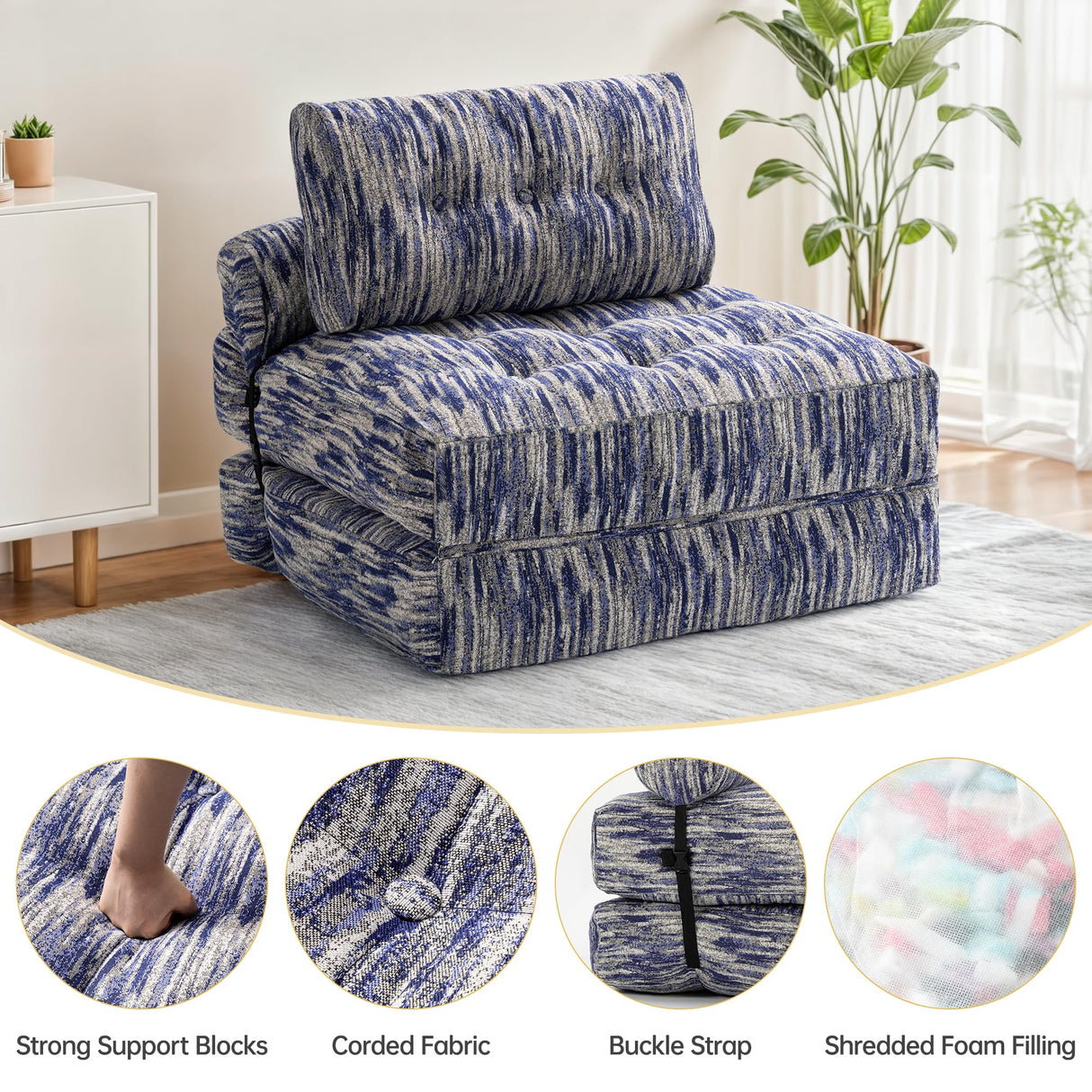 Airynee Folding Sofa Bed, Convertible Sleeper Chair Bed, Floor Couch for Adults with Back Support and Pillow, Comfy Floor Sofa Lounge for Small Spaces, Zha Blue Airynee