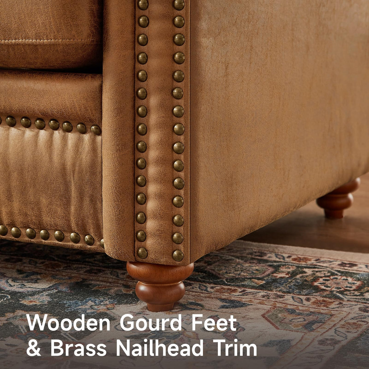 ONBRILL 84" Faux Leather Couch, Mid-Century Modern Couch w/Brass Nailhead Trim, 3 Seater Leather Sofa Couch w/Rolled Arm, Pocket Spring Cushions, Gourd Feet, Brown Couch Leather Sofas for Living Room ONBRILL