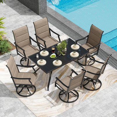 Soohow Patio Dining Set for 6, 7-Piece Outdoor Dining Table and Chairs Set, 6 x Swivel Outdoor Chairs with Paded Textilene and 60"x35" Patio Table with 1.57" Umbrella Hole for Poolside, Backyard