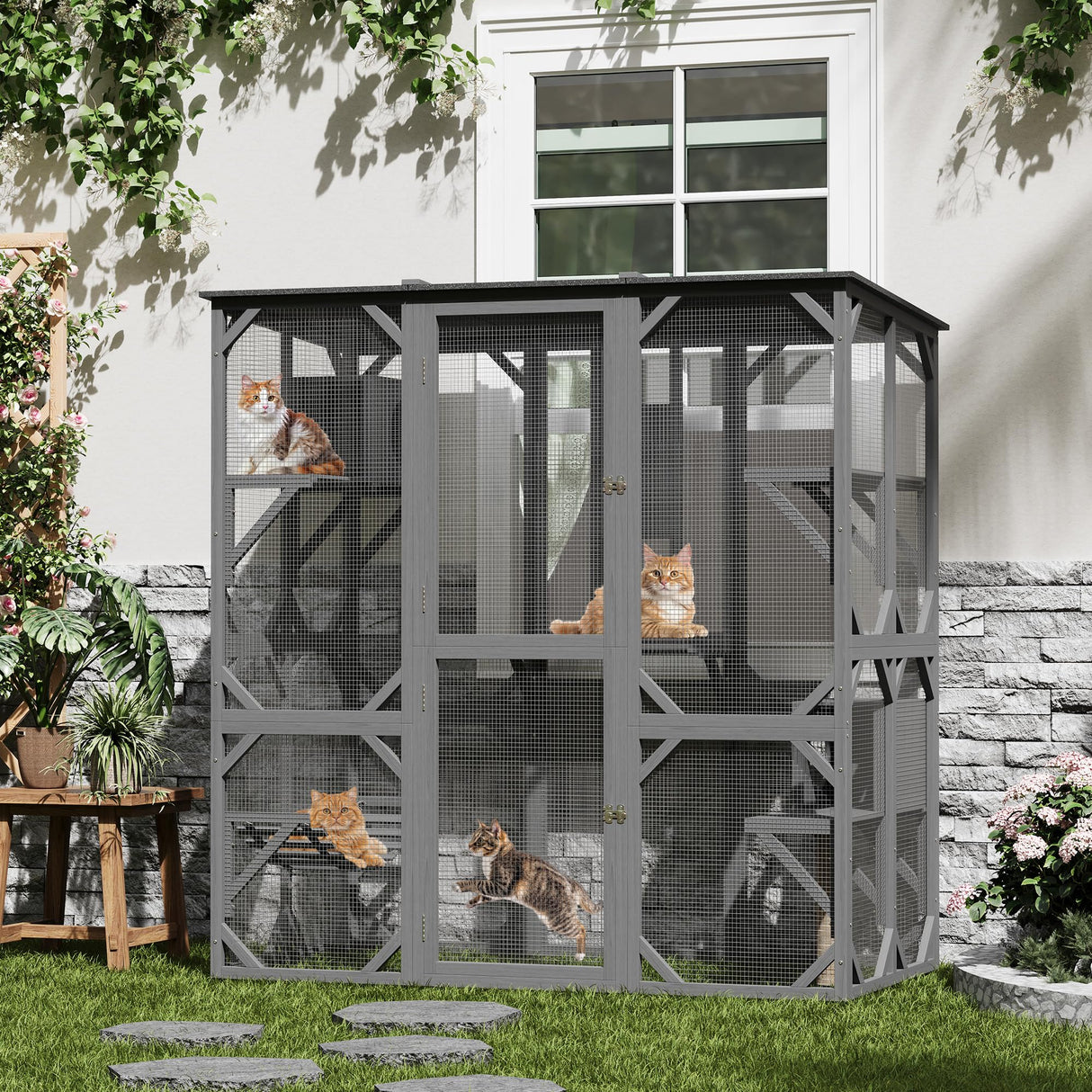 70'' Walk-in Catio with Window Access, Extra Large Outdoor Cat Enclosure for Multiple Cats, Waterproof Roof Cattery with Bridge and Scratching Post Outside Patio Cat Playpen Grey GarveeLife