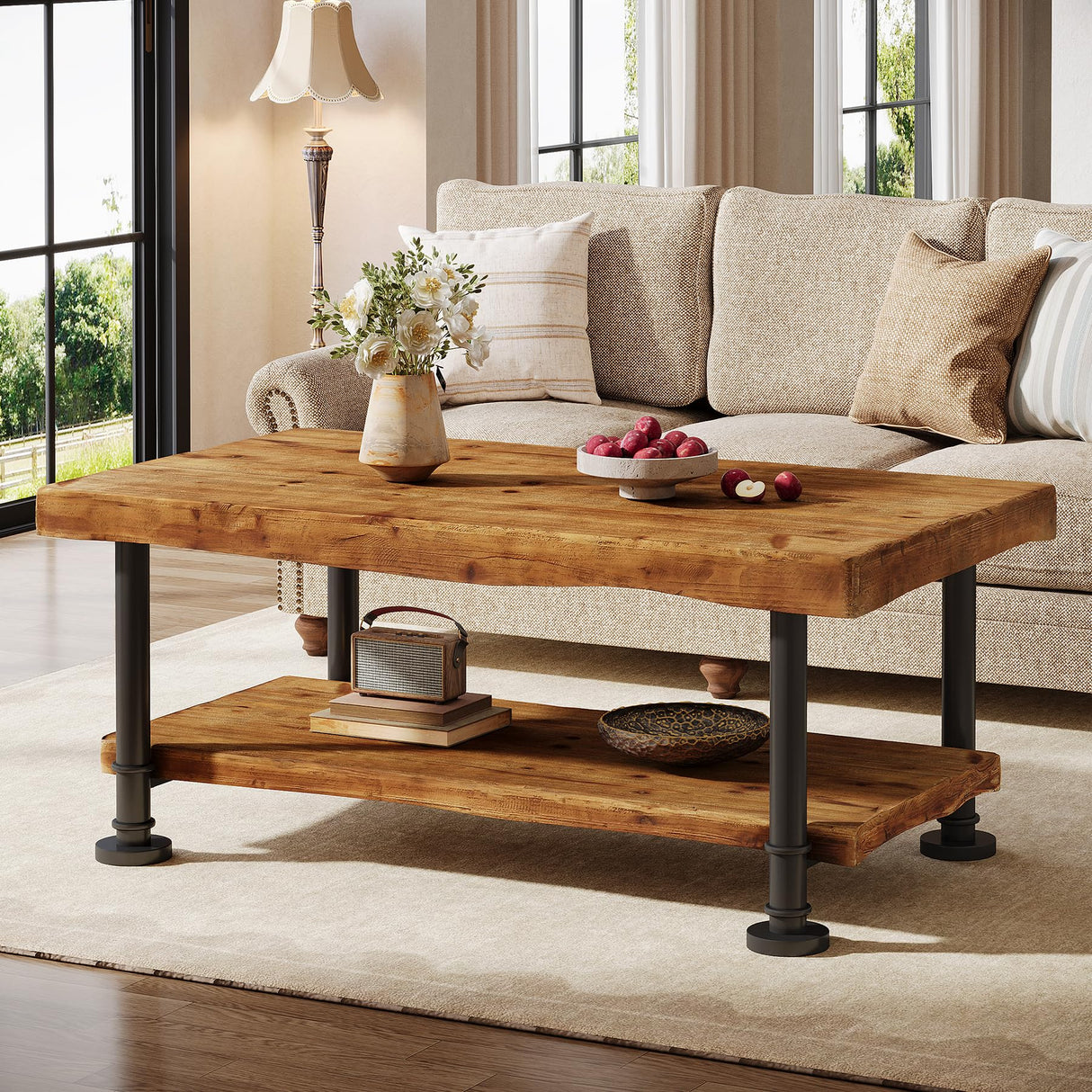 TRIBEWOOD Farmhouse Coffee Table, Wood Coffee Table with Storage, 2-Tier Live Edge Shelf, Metal Legs, 47" Rectangle Center Table for Living Room, Lounge, Brown and Black TRIBEWOOD