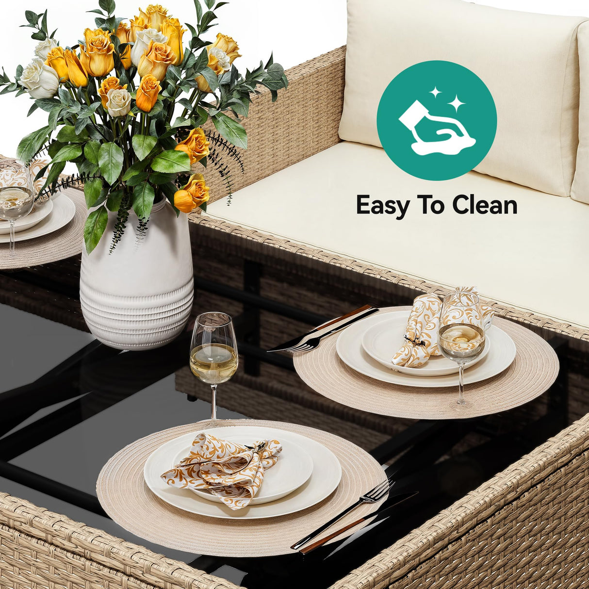 YITAHOME L-Shaped Patio Furniture Set, All Weather Wicker Outdoor Sectional Sofa Conversation Set with Dining Table and Ottoman, Light Brown+Beige YITAHOME