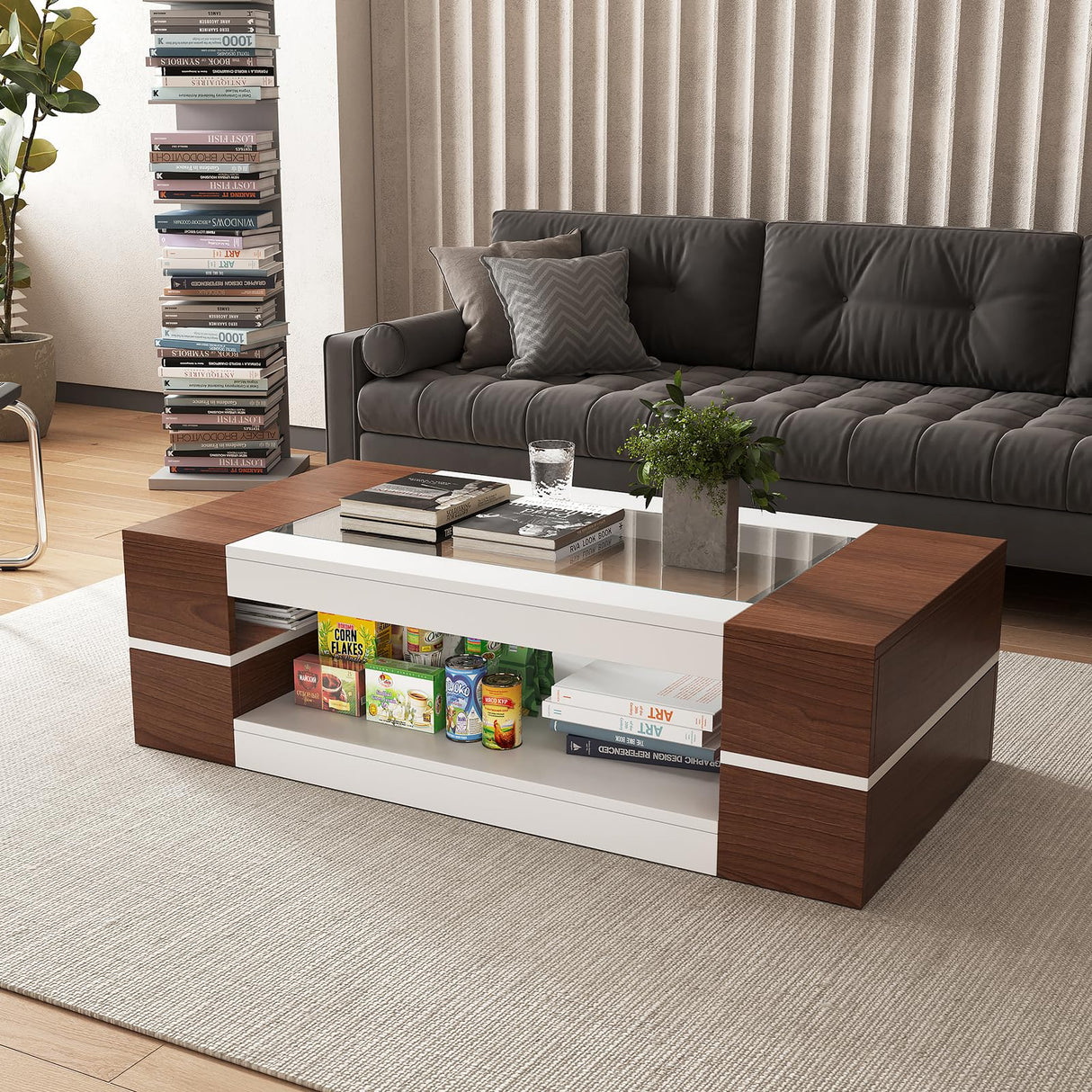 HedoAjim 47.2" Modern Stylish Coffee Table with Glass Table Top, Large Living Room Table Rectangular 2-Tier Center Tables with Storage, Wood Cocktail Tea Tables for Dining Reception Room, White Walnut HedoAjim