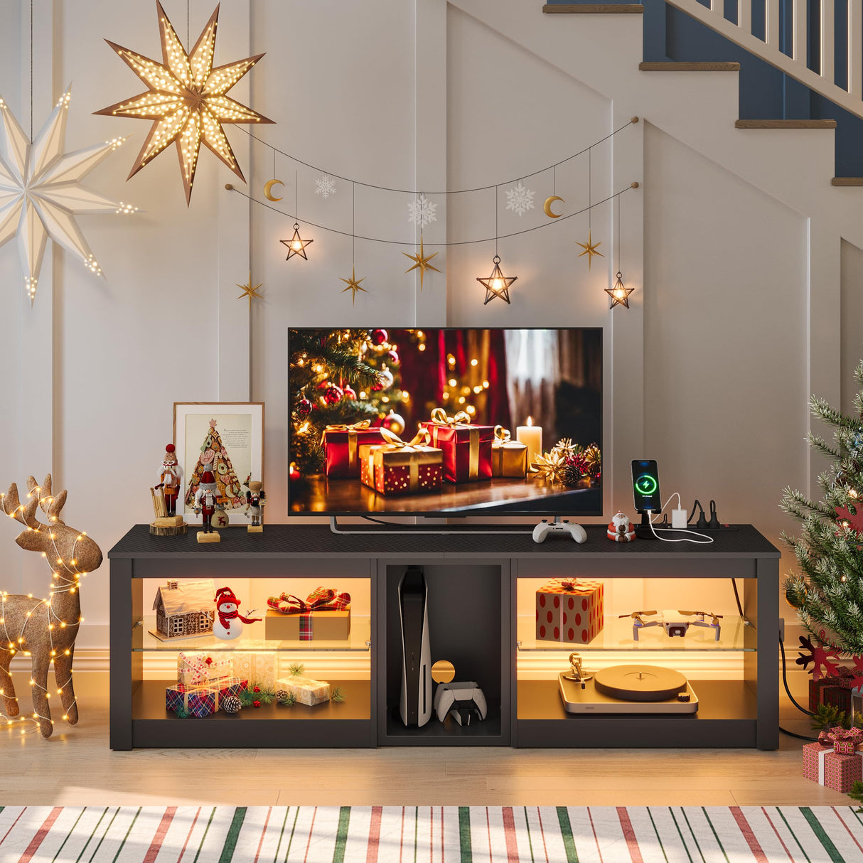 Bestier TV Stand for 70 inch TV with Power Outlets, LED Entertainment Center for PS5, Gaming TV Consoles with Glass Shelves for Living Room, 63'' Inch, Black Carbon Fiber Bestier