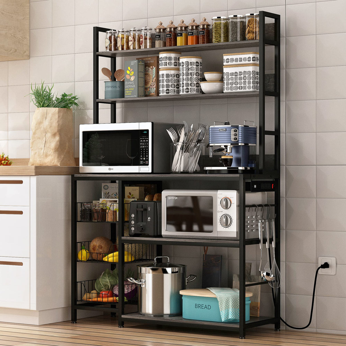 Chnnmbrn Kitchen Bakers Rack with Baskets and Power Outlet,5-Tier Kitchen Utility Storage Shelf with Hooks, Microwave Oven Stand Rack,Vintage Grey Free Standing Kitchen Shelf Chnnmbrn