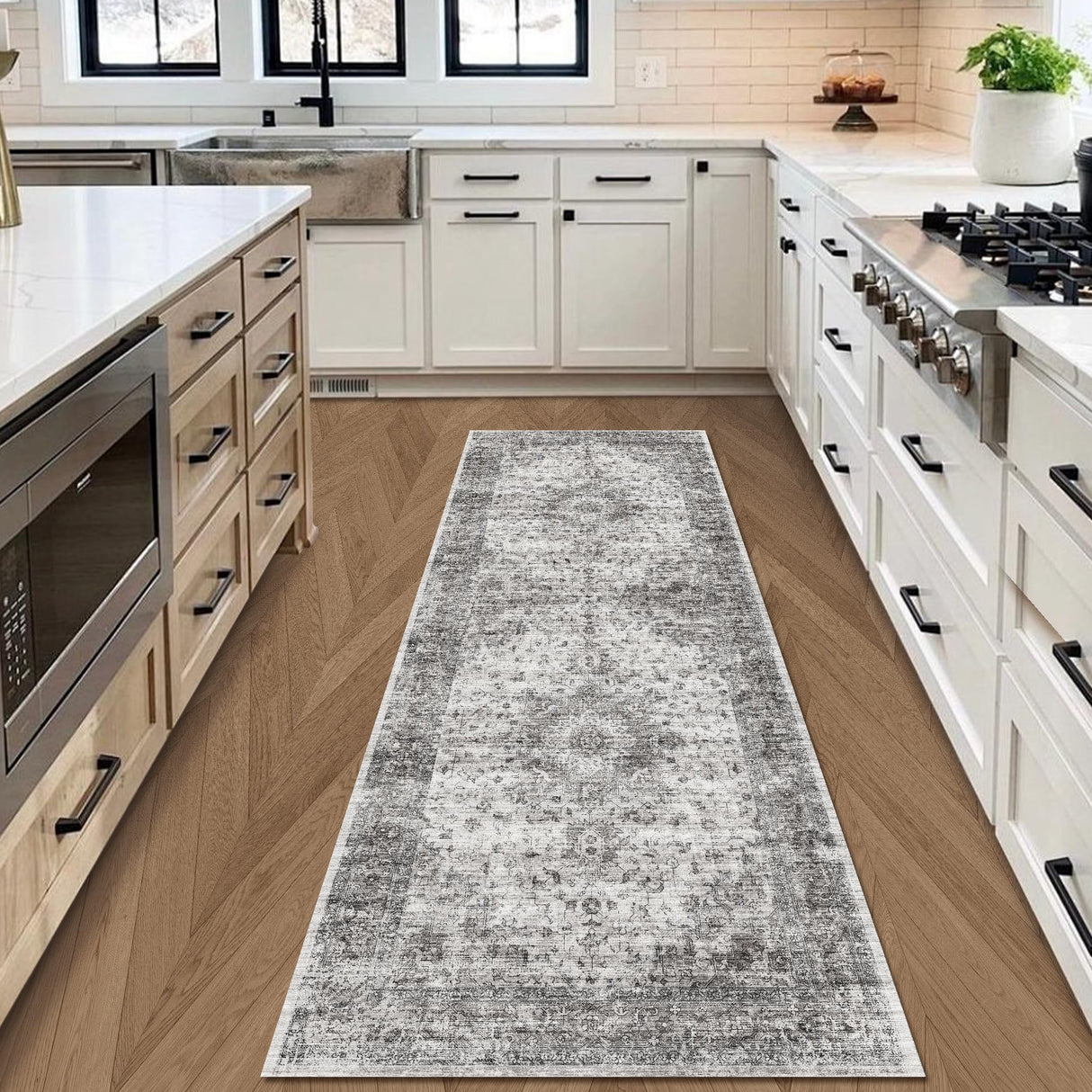 Hallway Runner Rug Washable Carpet: 2x6 Non Slip Vintage Rug with Rubber Backing Long Floor Mat for Kitchen Laundry Entryway Bathroom (Grey, 2'x6') KINOGIC