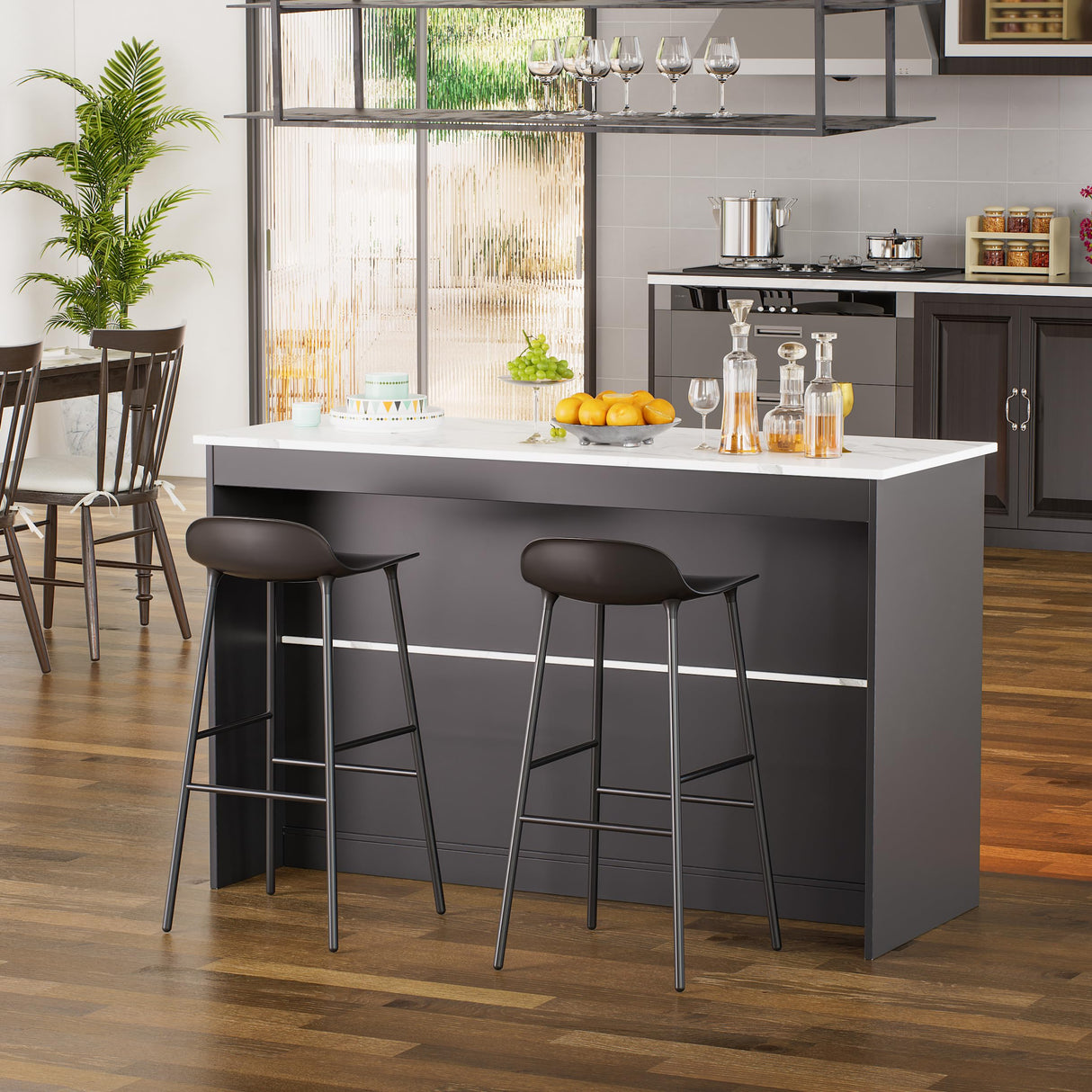 PAKASEPT 43'' Modern Kitchen Island with Storage,Island Table with LED Lights & Cabinet for Kitchen,Imitation Marble Large Dining Table for 4,Dining Room,Living Room,Home Bar,Black PAKASEPT