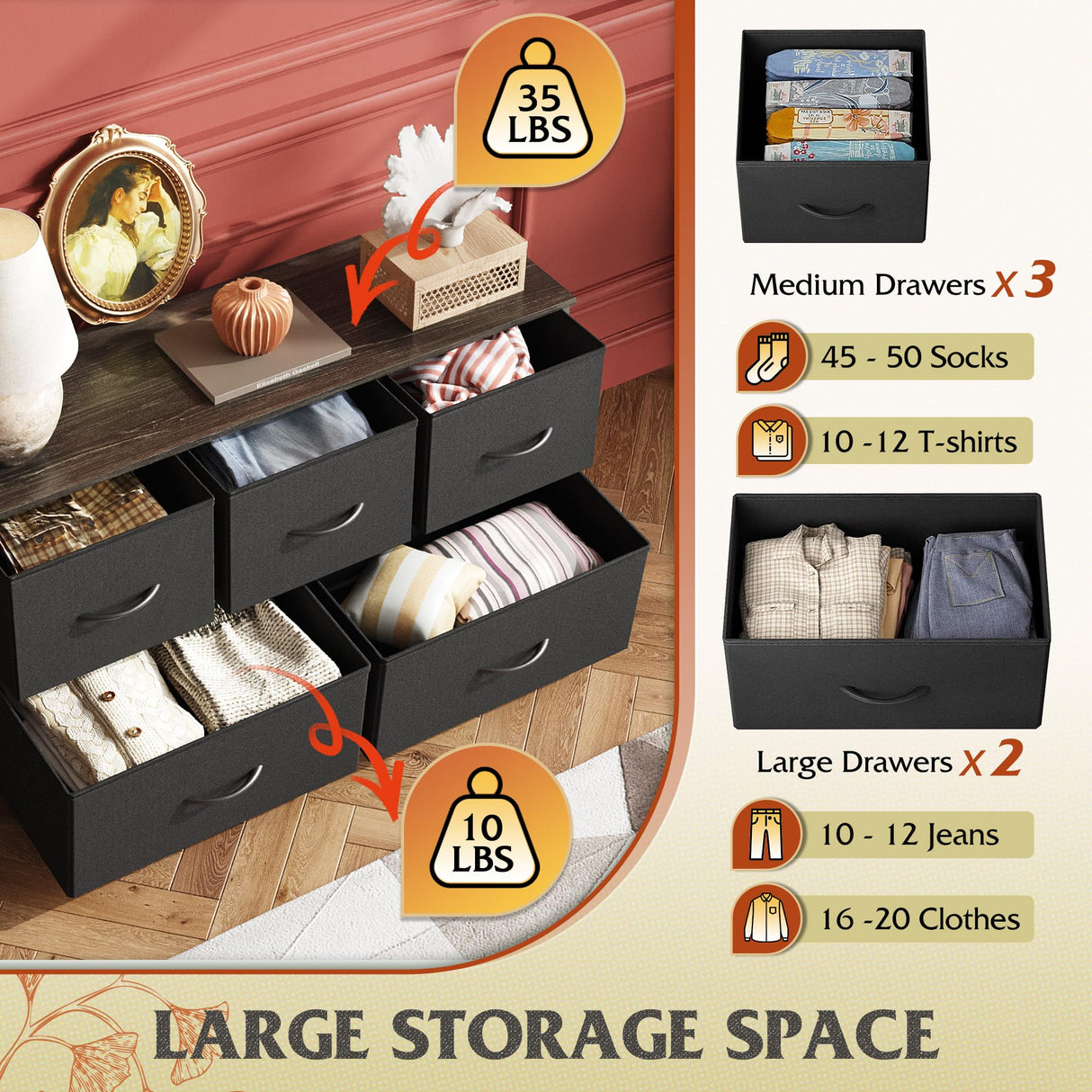 WLIVE Dresser for Bedroom with 5 Drawers, Wide Chest of Drawers, Fabric Dresser, Storage Organizer Unit with Fabric Bins for Closet, Living Room, Hallway, Charcoal Black WLIVE