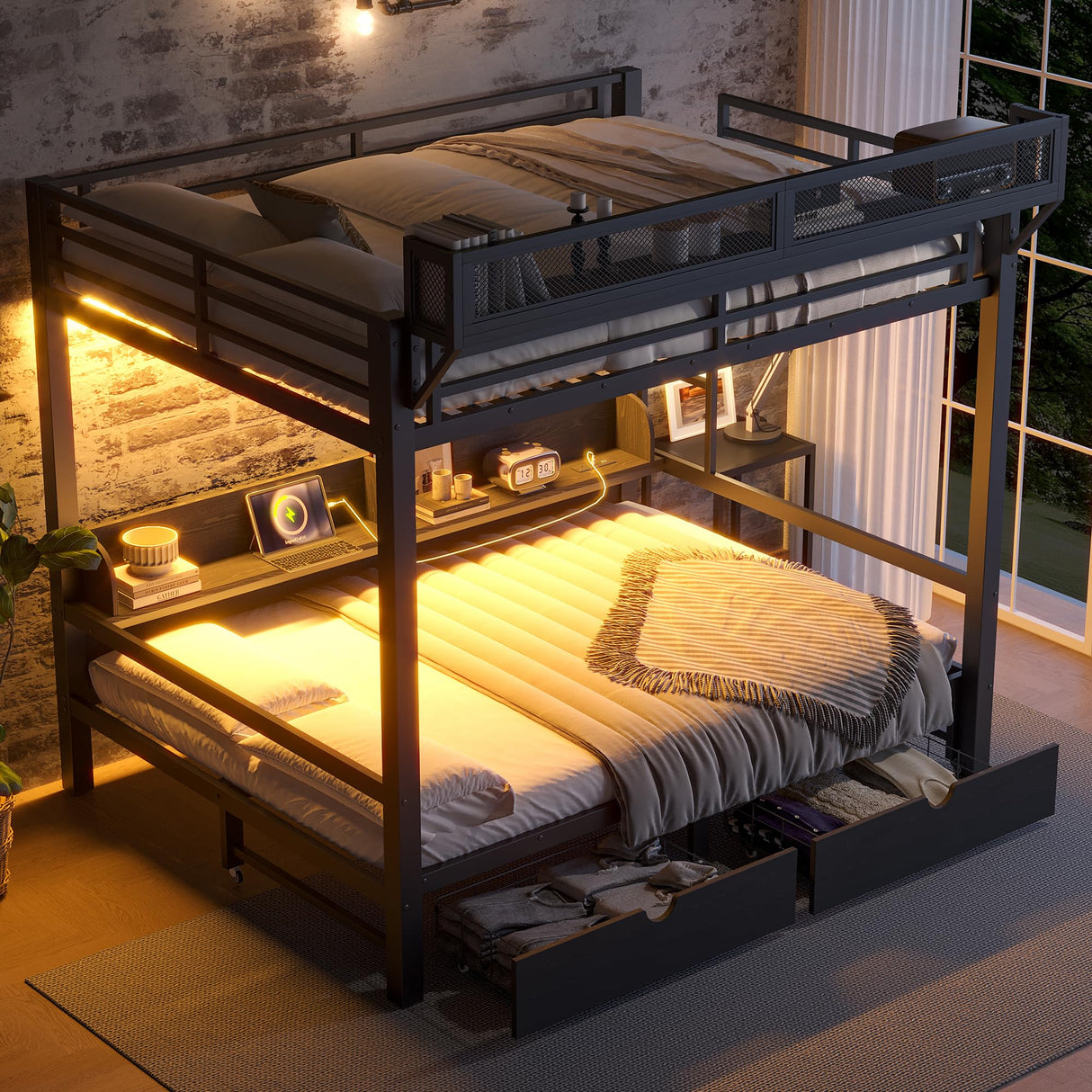 Queen over Queen Bunk Bed with Storage Drawers and Shelves, Metal Bunk Beds with USB Ports and LED Lights, Lower Bed that can be converted into a sofa for Bed Room,Guest Room,Dormitory.(Black) Harper & Bright Designs