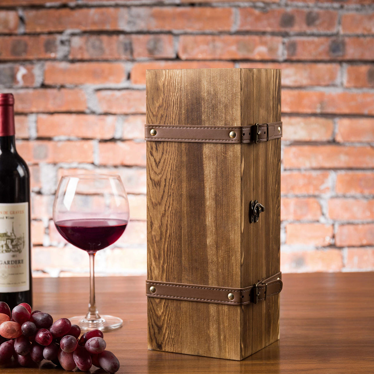 MyGift Vintage Brown Wood Single Wine Bottle Holder Gift Box with Leatherette Buckle Straps and Locking Latch MyGift