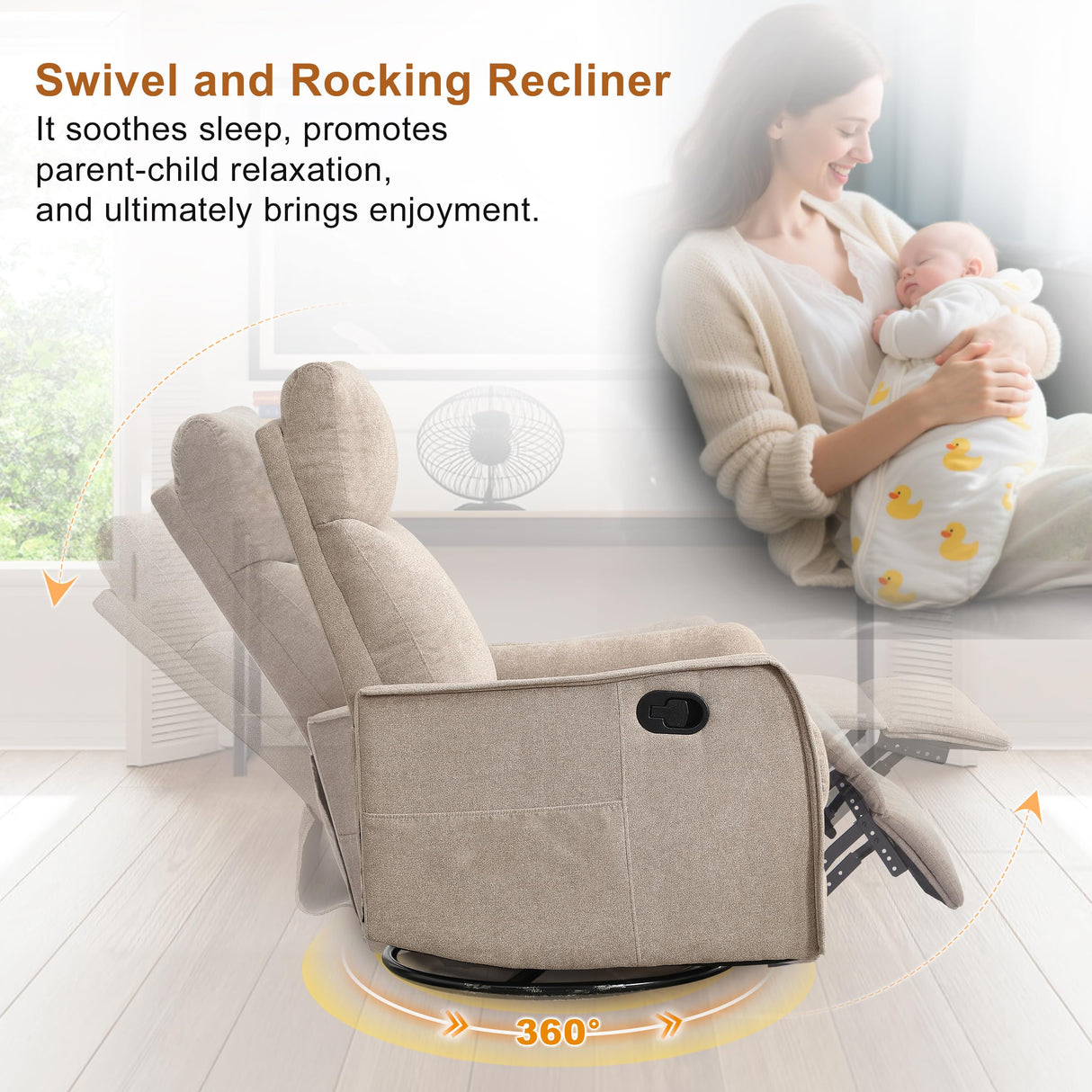 Manual 360° Swivel Rocker Recliner Chair for Adults, Overstuffed Glider Chair for Nursery with Vibration Massage and Heat, Comfy Soft Fabric Glider with Side Pockets for Living Room, Khaki Luxlen