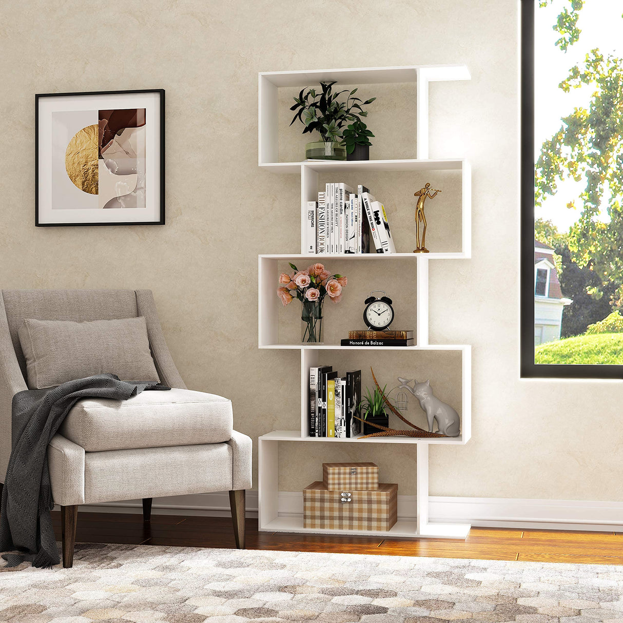 Yusong Modern 5-Tier Geometric Bookcase in White - Stylish S-Shaped Bookshelf for Home & Office Yusong
