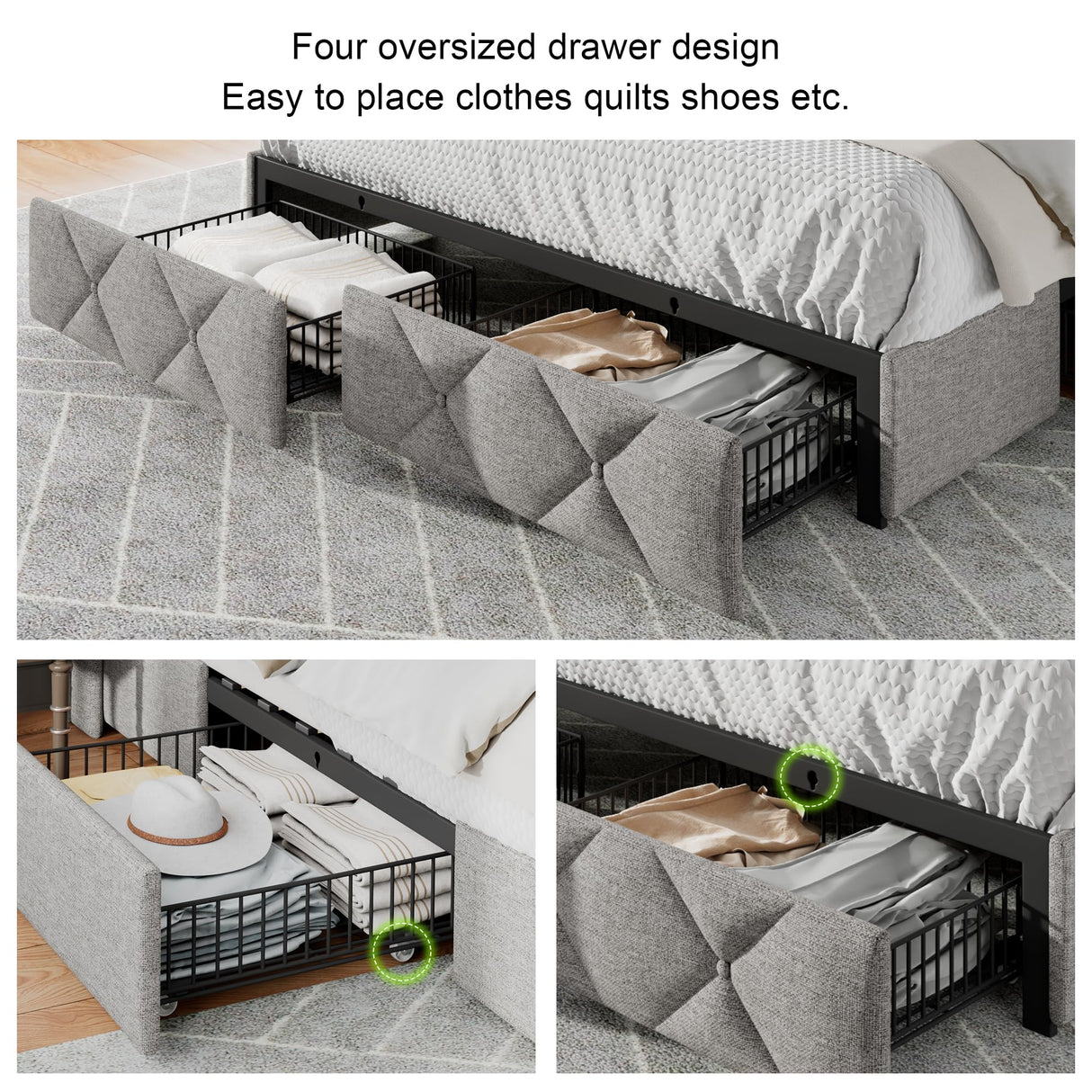 Feonase Full Bed Frame with 4 Storage Drawers, Upholstered Button Tufted Storage Headboard with Fast Charging Station, Heavy Duty Slats Support, No Box Spring Needed, Noise-Free, Light Grey Feonase