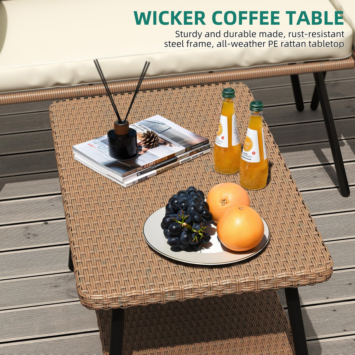 YITAHOME 4PCS Patio Furniture Set L Shape Outdoor Couch with 2-Tier Coffee Table and Thick Cushions Patio Conversation Set Rattan Sectional Sofa Boho Outdoor Furniture Set with 5 Seater for Backyard YITAHOME