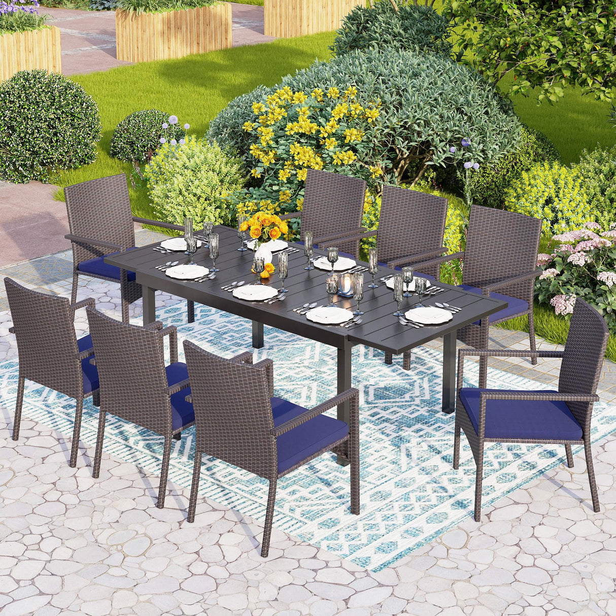 PHI VILLA 9 Piece Large Outdoor Dining Table Set for 8, Expandable Rectangular Steel Dining Table & Cushioned Rattan Wicker Chairs, Dining Furniture Set for Patio, Deck, Yard PHI VILLA