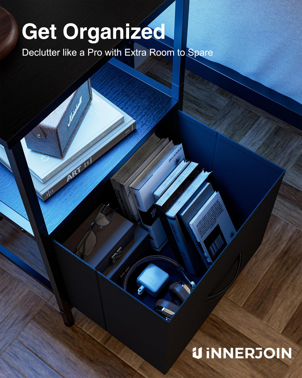 Innerjoin Side Table with Storage, LED Night Stand with A&C Charging Station, End Tables Living Room, Nightstand for Bedroom with Fabric Drawer, Black Innerjoin