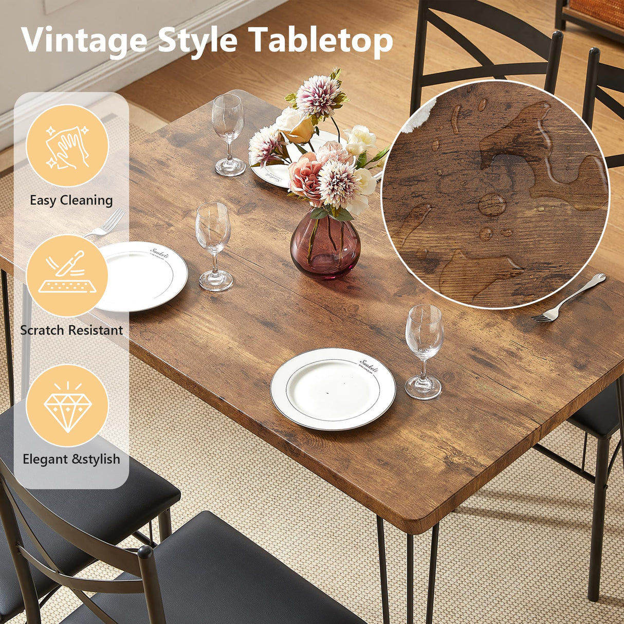 VECELO 5-Piece Dining Table Set for Home Kitchen Small Space Breakfast Nook, 4 Faux Leather Metal Frame Chairs, Retro Brown VECELO