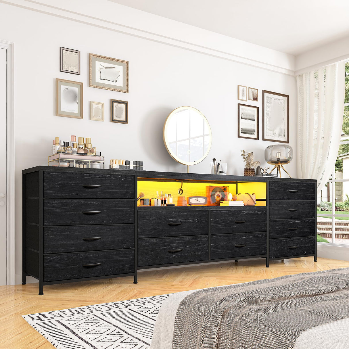 EnHomee 12 Drawer Dresser TV Stand for 65 70 75 Inch TV 63" W Extra Long Black Dresser for Bedroom with LED Lights & Power Outlets Entertainment Center with Drawers, Fabric Dresser for Closet EnHomee