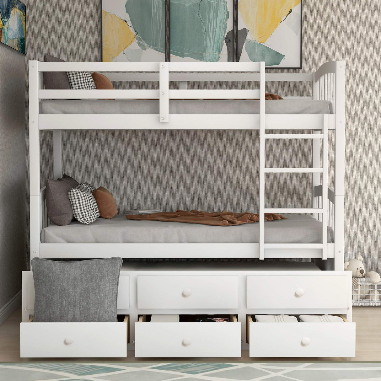 Merax Twin Bunk Bed with Ladder, Safety Rail, Twin Trundle Bed with 3 Drawers for Teens Bedroom, Guest Room Furniture(White) Merax