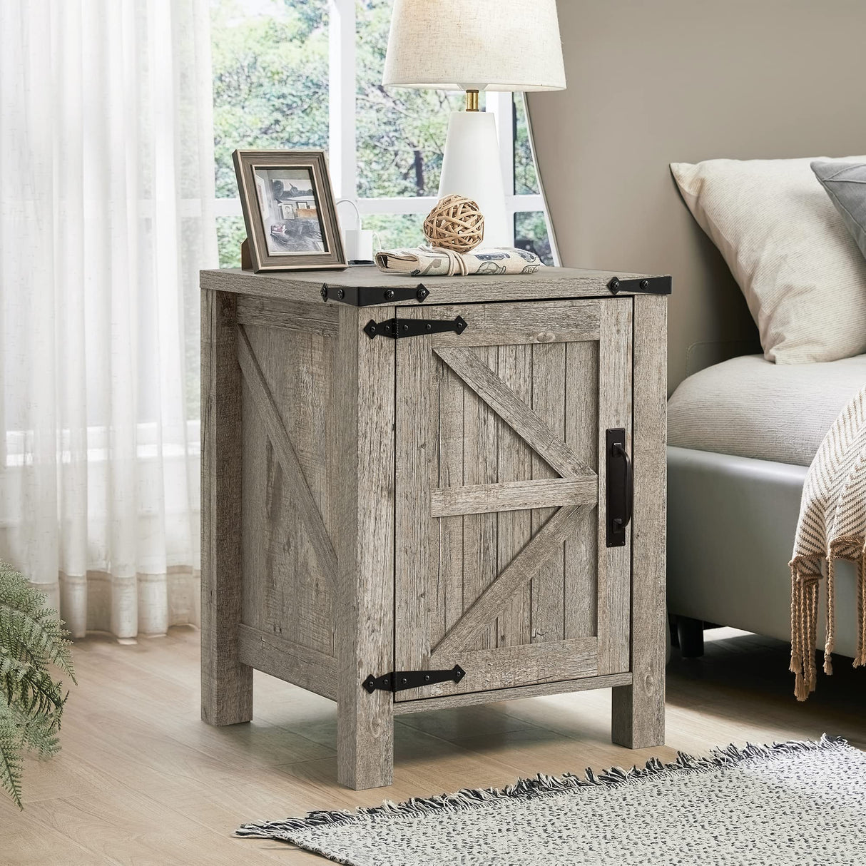 OKD Nightstand with Charging Station, 18 Inch Farmhouse End Table with Barn Door and Adjustable Storage Shelf, Rustic Wood Sofa Side Table w/Magnetic Door for Living Room, Bedroom, Light Rustic Oak OKD
