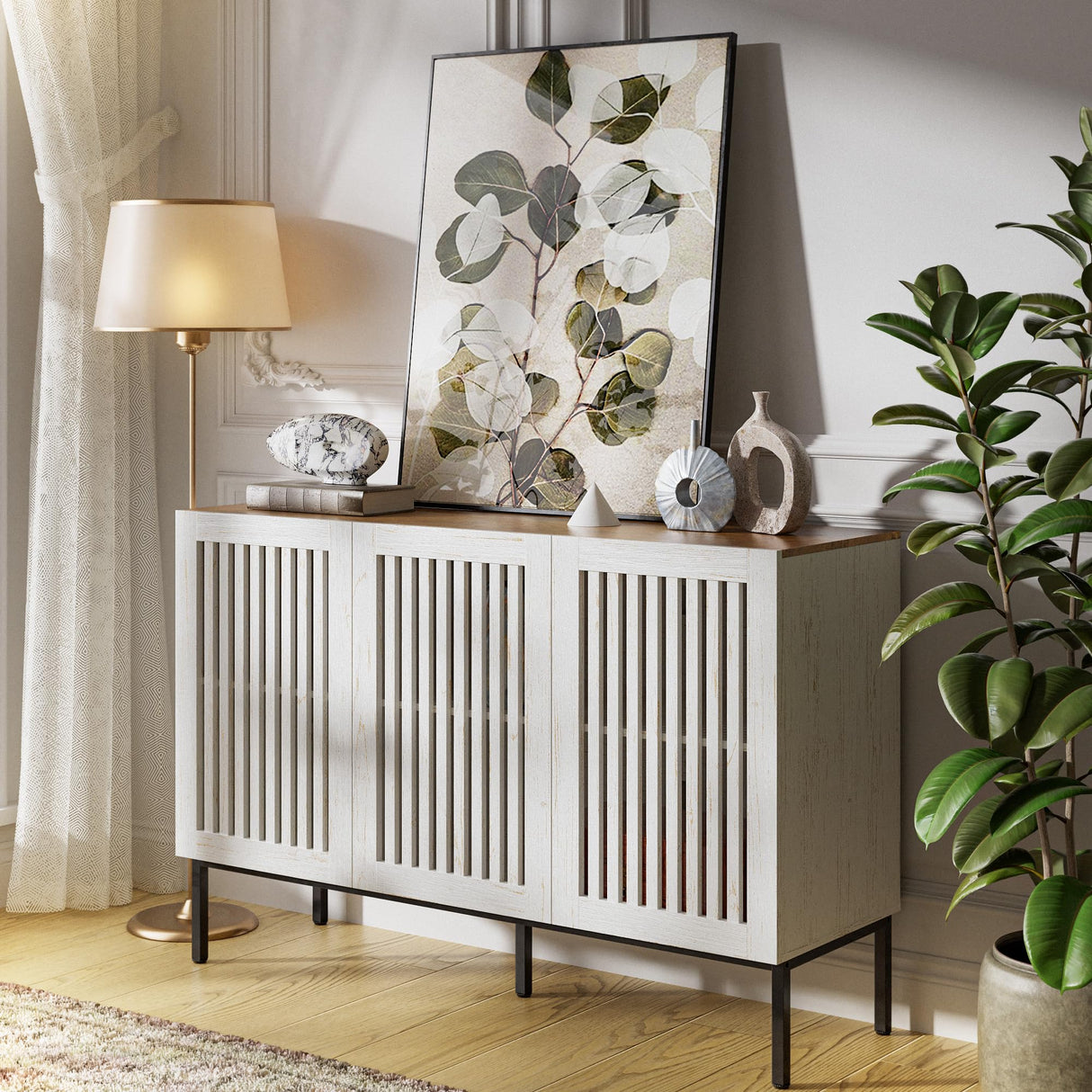 BVIUNTWO 47" Farmhouse Buffet Cabinet with Metal Base, Adjustable Shelves & 3 Doors, Antique White Storage Sideboard for Kitchen, Dining & Living Room BVIUNTWO